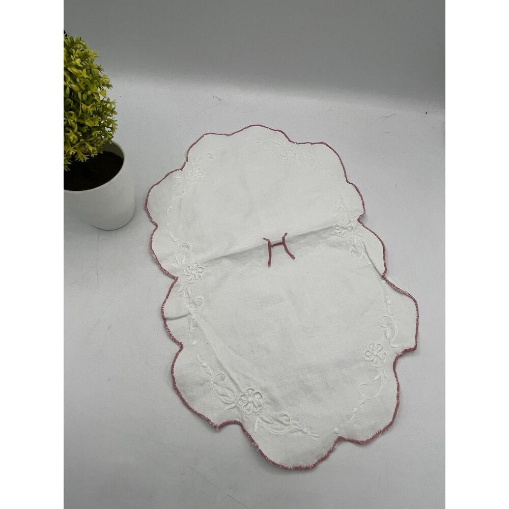 Vintage White Linen Doily Monogram H White Embroidery Pink Scallop Edge 8x13